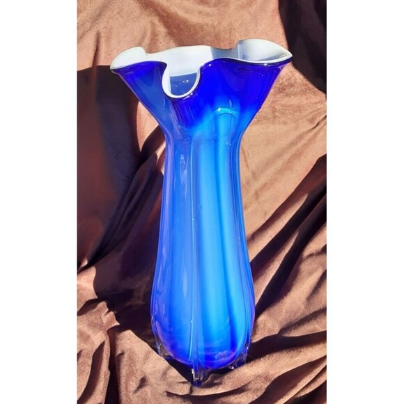 Cased Glass Blown Vase by Cavalier, Blue & White - Picture 3 of 10